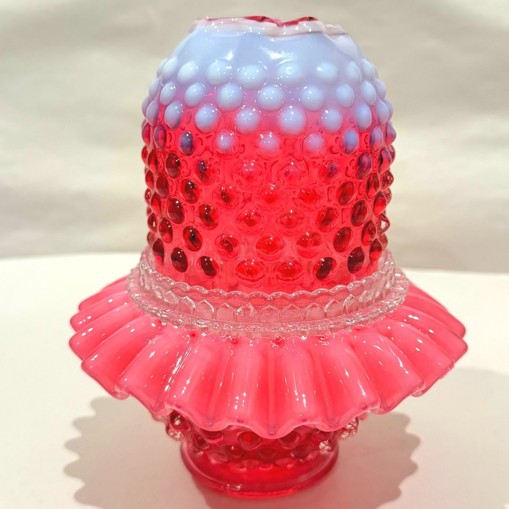 Fenton Cranberry Opalescent Hobnail 3-Piece Fairy Lamp Crimped Ruffled Base